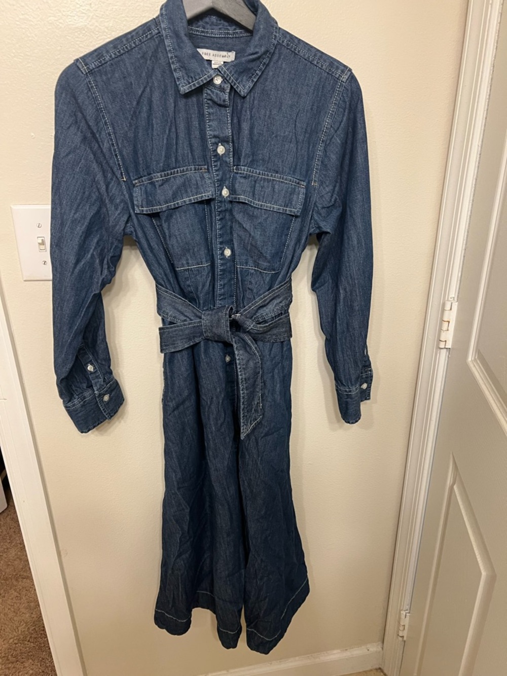 Free Assembly Dark Blue Denim Long Sleeve Shirt Dress with Tie Belt
